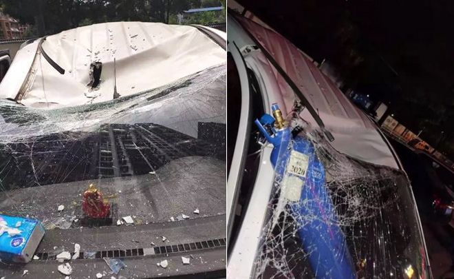 武汉：天上掉下个氧气瓶 砸进面包车驾驶室