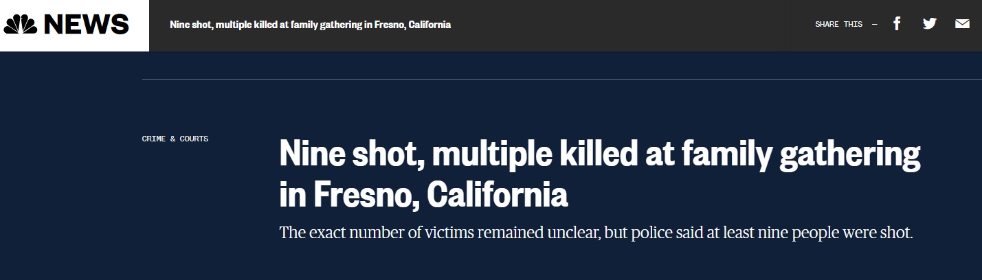美国加州一家庭聚会发生枪击事件 9人中枪多人死亡
