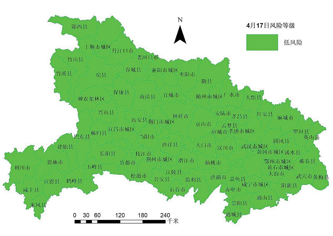 湖北省市县风险等级地图.自2月29日发布以来,该地图首次转为全绿.图片
