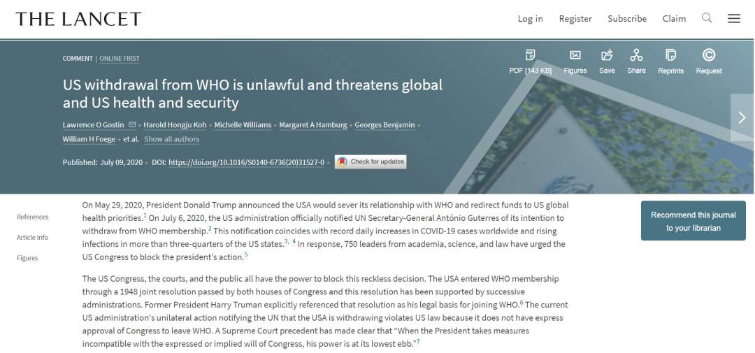 世卫组织|《柳叶刀》文章：退出世卫组织将严重负面影响美国