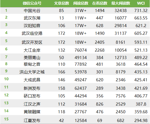 |武汉各区政务微信6月榜：“洪山大学之城”上升5位