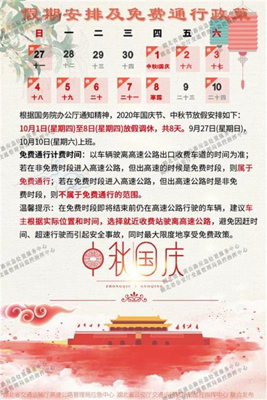 |国庆中秋车流同比预增5%，2020年“十一”假期湖北省高速公路出行指南