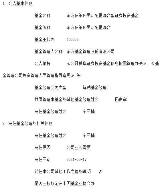 车日楠离任东方多策略混合杨贵宾单独管理