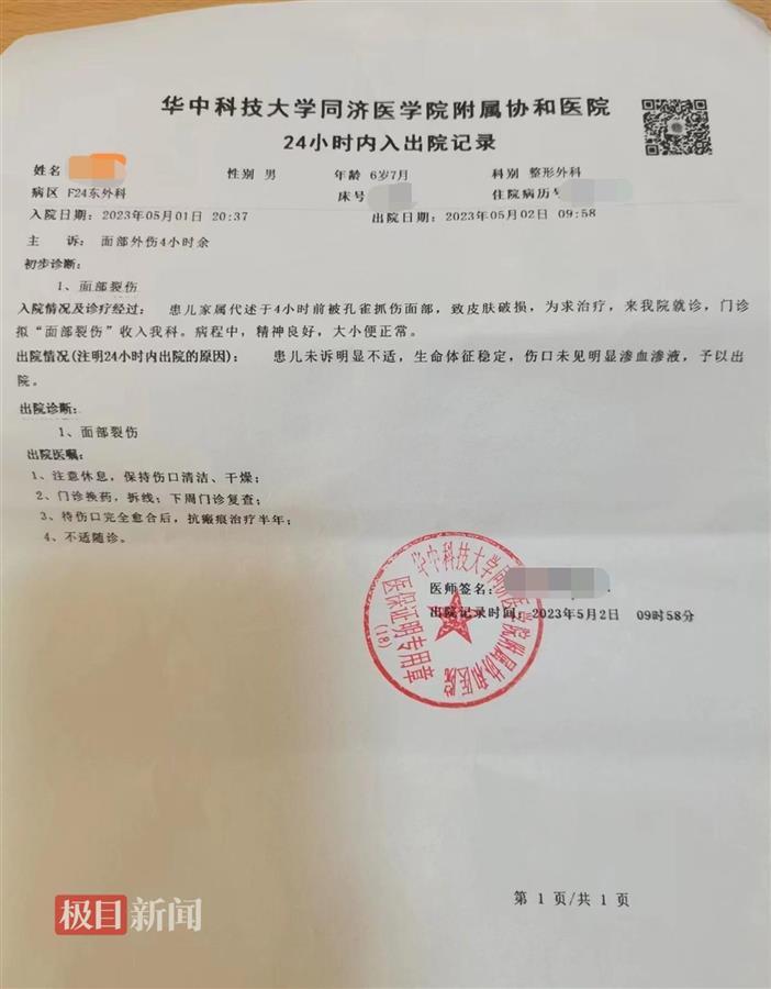 周女士孩子的出院记录因为脸上严重的伤痕，周女士的孩子暂时还没有回到