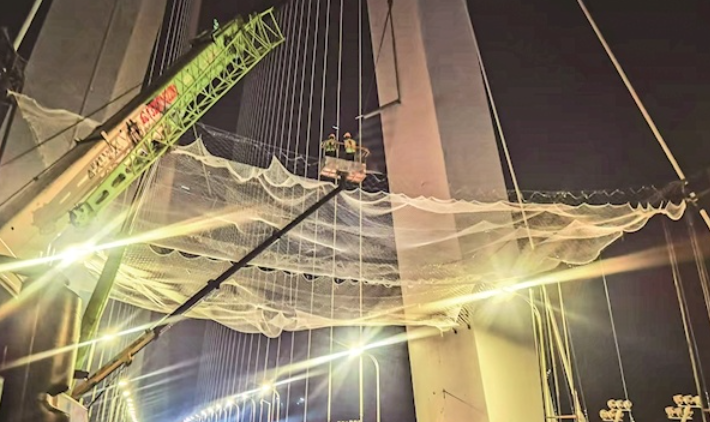 二七长江大桥上拉网 修复火损斜拉索