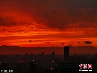 成都现绚丽晚霞映红天空 美如画卷