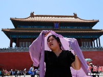 北京持续高温天气 游客遮阳出行