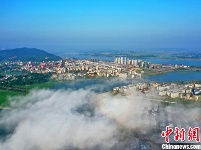 航拍江西吉水“平流雾”景观 云海翻腾似仙境